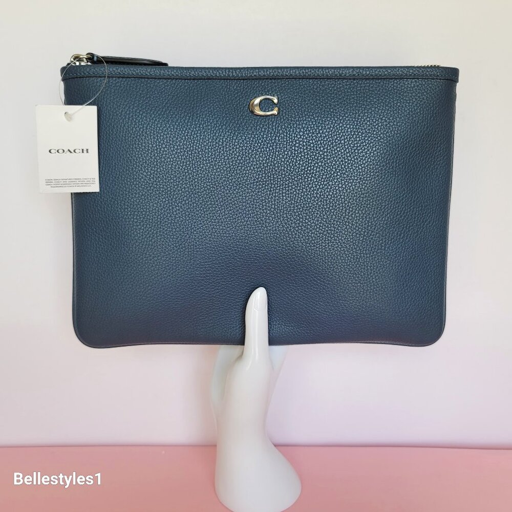 COACH Pebbled Leather Top-Zip Essential Pouch 28 - Denim color ⭐